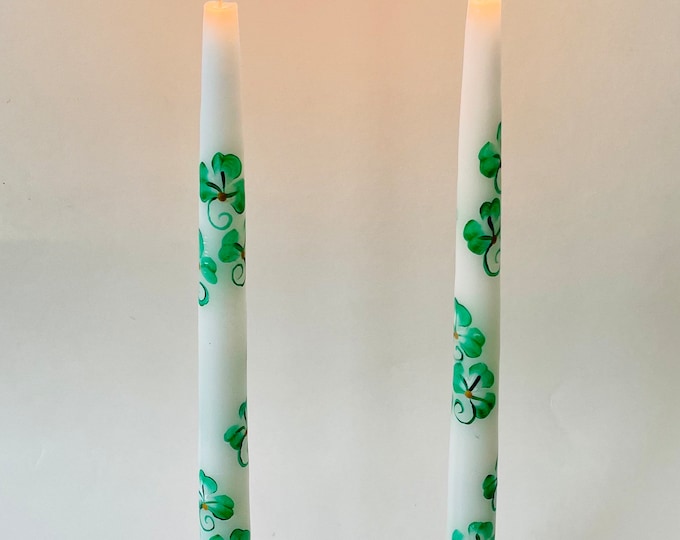 Irish candles hand painted with shamrocks, two 12 inch unscented tapers, St. Patrick’s Day/ March birthday gift.