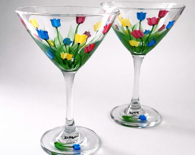Hand Painted Martini Glasses: Spring Floral Tulips, 10 oz Cocktail Stemware gift
