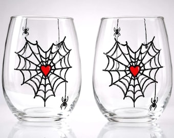 Hand Painted Halloween Wine Glasses: Spiderweb Heart Decor (Set of 2)