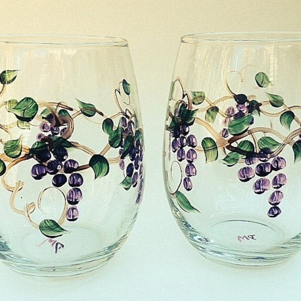 Wine Glasses with hand painted grapes - Set of two large stemless - Unique gift for her - wine lover gift -USA made