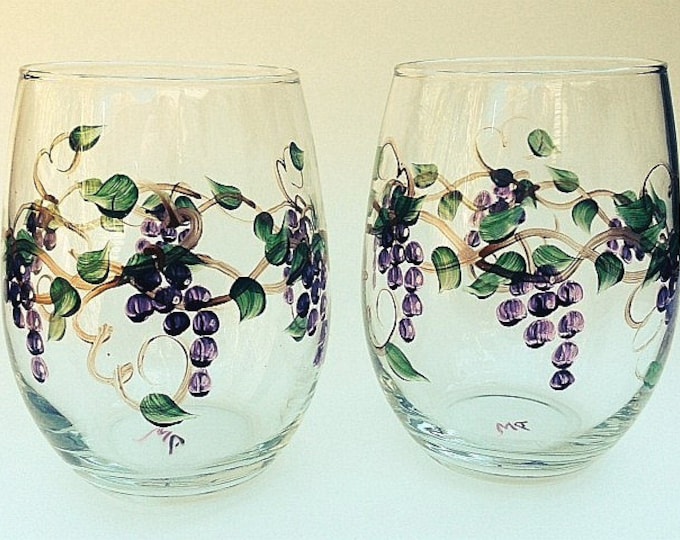 Wine Glasses with hand painted grapes - Set of two large stemless - Unique gift for her - wine lover gift -USA made