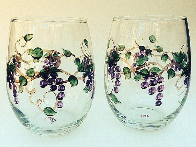 Stemless Grape Hand Painted Wine Glasses. Set of Two. Etsy