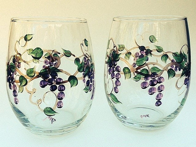 2 Hand Painted Long Stem Wine Glasses Peaches Pears Grapes Marked 1672   