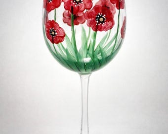 August birth month wine glass- hand painted Poppy flowers. Birthday gift.