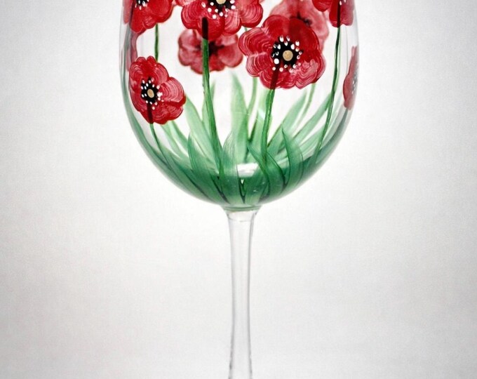 August birth month wine glass- hand painted Poppy flowers. Birthday gift.
