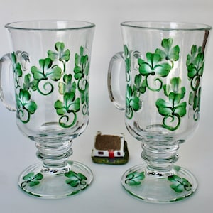 Hand Painted Shamrock Irish Coffee Glass Mugs - Set of 2, Customizable with Name or Date - Vintage Pedestal Style