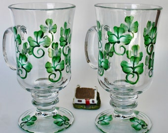 Hand Painted Shamrock Irish Coffee Glass Mugs - Set of 2, Customizable with Name or Date - Vintage Pedestal Style