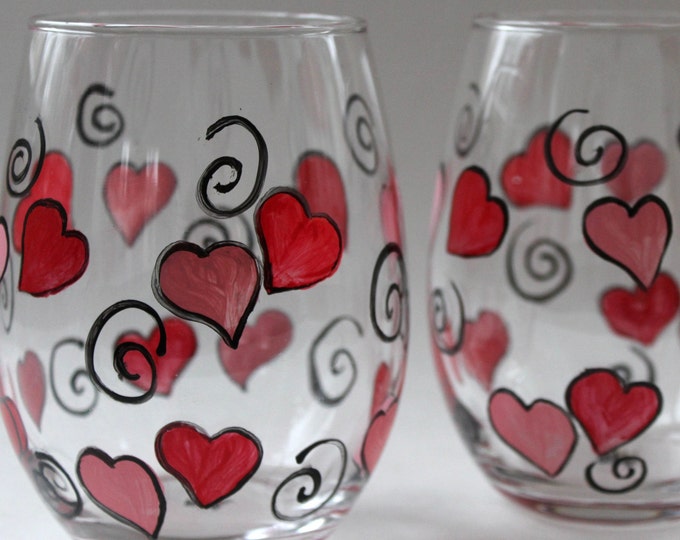 Set of two Whimsical Hearts stemless wine glasses - hand painted