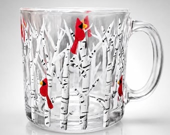 Hand painted Cardinal Birch Forest Glass Coffee Mug
