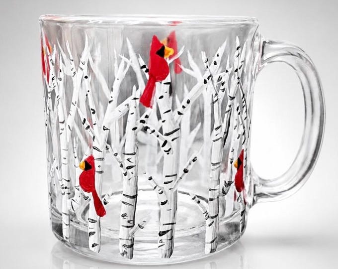 Hand painted Cardinal Birch Forest Glass Coffee Mug