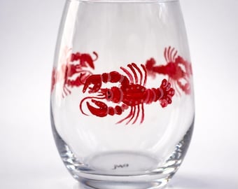 Hand Painted Lobster Wine Glass: Beach Barware, Summer Wedding Favor