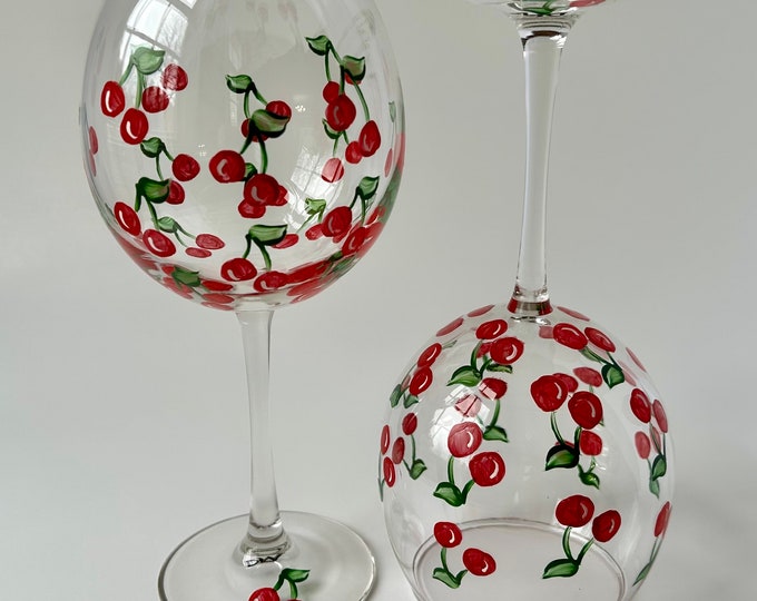 Set of 2 hand painted Cherry wine glasses| Minimalist design | gift for her