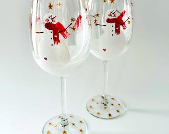 Hand Painted Snowman Wine Glasses: Valentine Decor, Set of 2 made in USA