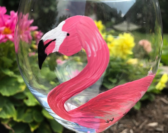 Stem wine glass, hand painted salmon pink flamingo, retirement gift, Florida wedding glass, oversized, gift for her. USA