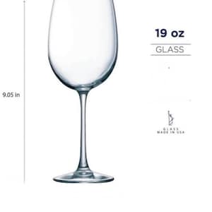 May include: A clear wine glass with a 3-inch opening and a height of 9.05 inches. The glass holds 19 oz. The text "GLASS" is below the capacity. The words "GLASS MADE IN USA" are also visible.