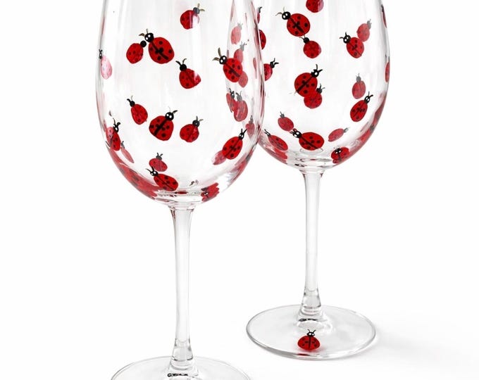 Hand Painted Ladybug Wine Glasses - Minimalist Set of 2