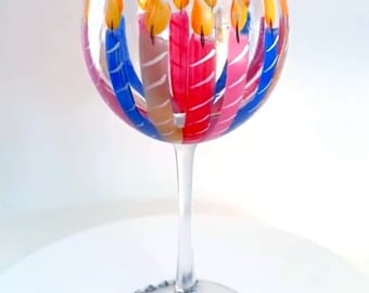 Personalized 60th, or any year, Birthday wine glass- unique hand painted design with candles