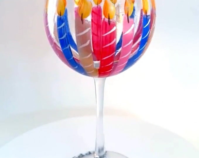 Birthday wine glass- party decor - unique hand painted candles on glass- can be personalized