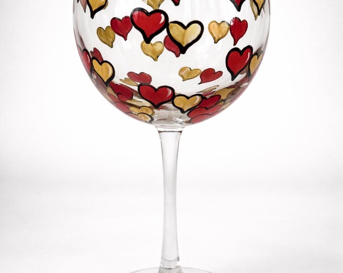 Hand painted hearts wine glass with red and gold, engagement gift, wedding favor