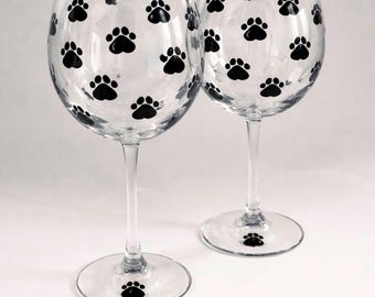 Paw print wine glasses hand painted set of two, pet lover gift.