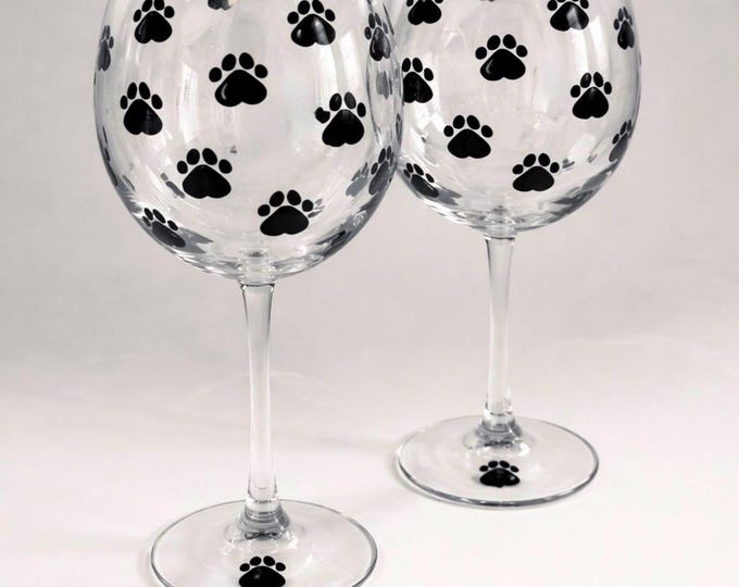 Paw print wine glasses hand painted set of two, pet lover gift.