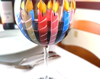 Hand painted Birthday wine glass- party decor - colorful candles on glass- can be personalized