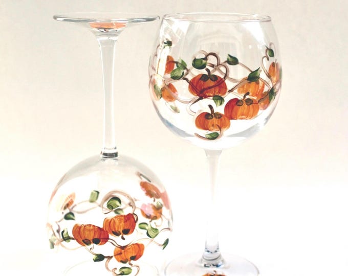 Hand Painted Pumpkin Wine Glasses - Thanksgiving Autumn Decor (Set of 2)
