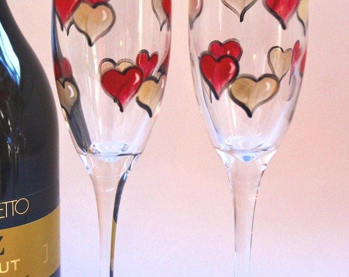 Hand Painted Hearts Champagne Flutes Set of 2 made in USA