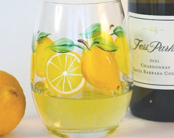 Lemon wine glass, hand painted citrus decor, hostess gift