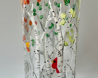 Hand Painted Birch Tree Glass Vase: Four Seasons Floral Decor