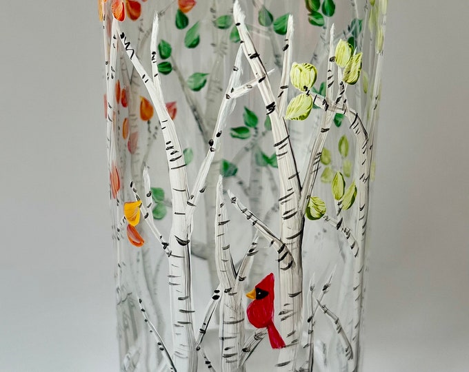 Hand Painted Birch Tree Glass Vase: Four Seasons Floral Decor