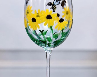 Hand Painted Wine Glass – Bumble Bees, Wildflowers, Garden Decor