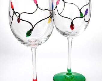 Christmas Wine Glasses Set of 2 - Hand-Painted with String Lights