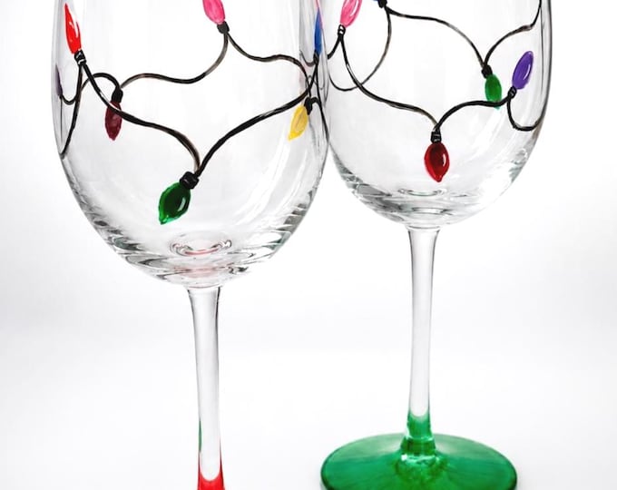 Holiday Party Wine Glasses Set of 2 - Hand-Painted with String Lights