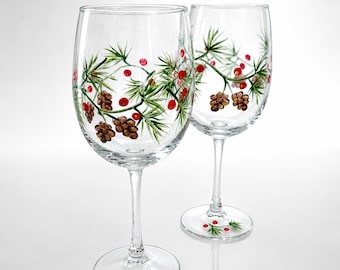 Hand Painted Pine Cone Wine Glasses set of 2 Rustic Woodland Christmas Drinkware