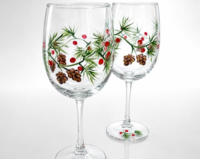 Hand Painted Pine Cone Wine Glasses set of 2 Rustic Woodland Christmas Drinkware