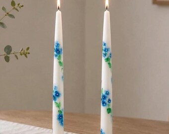 Hand Painted Floral Hydrangea Candles, Set of 2, Unscented Slow Burning, 12" Long