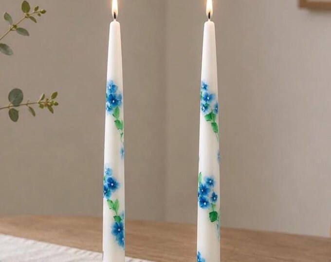 Hand Painted Floral Hydrangea Candles, Set of 2, Unscented Slow Burning, 12" Long