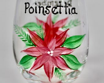 Birth month flower glass- December poinsettia hand painted- Wine lover gift- Winter Christmas decor- December birthday gift for her.