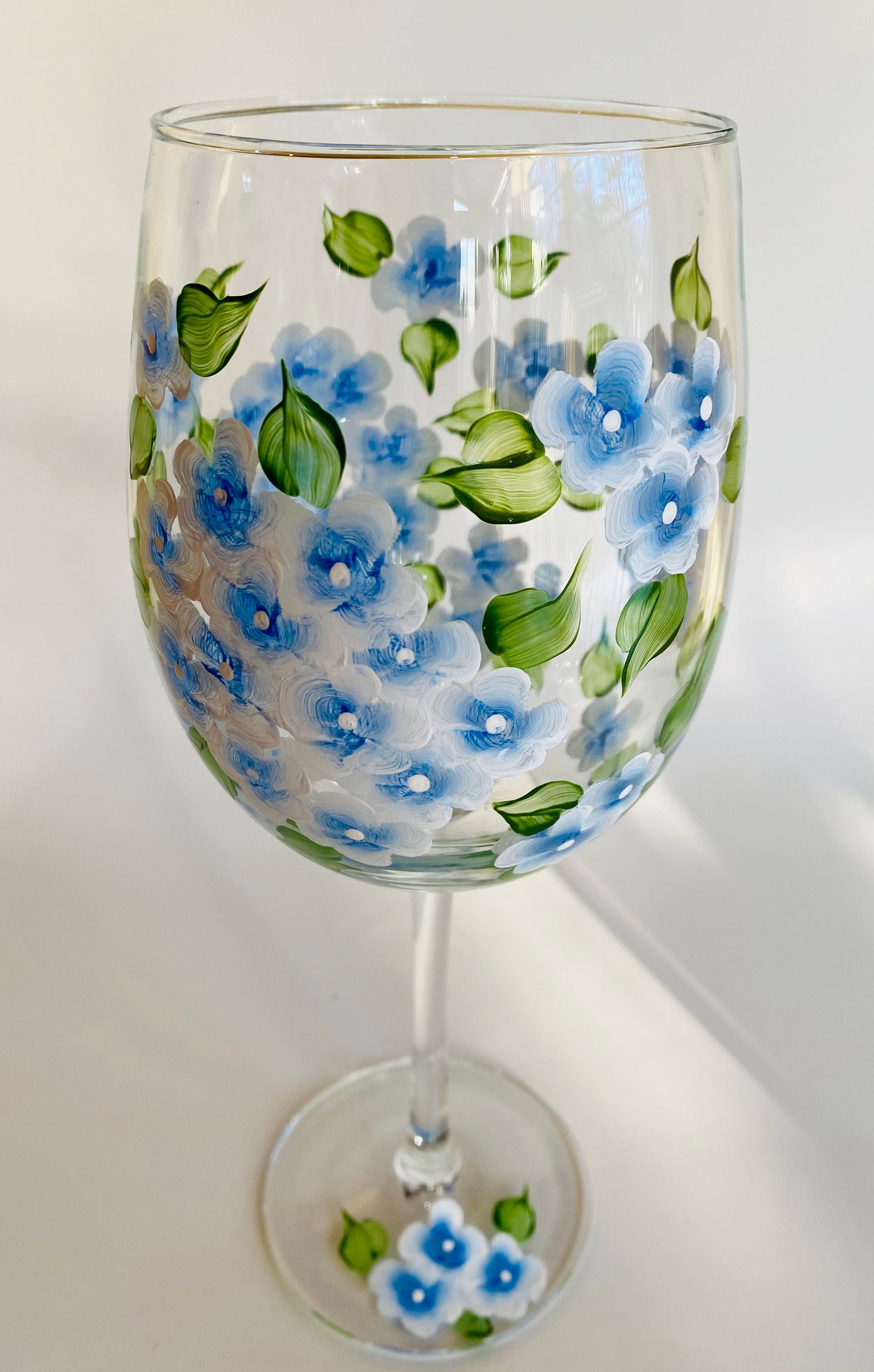 Cape Cod Blue Hydrangea Wine Glass. 19 oz. Hand Painted. Made in USA.
