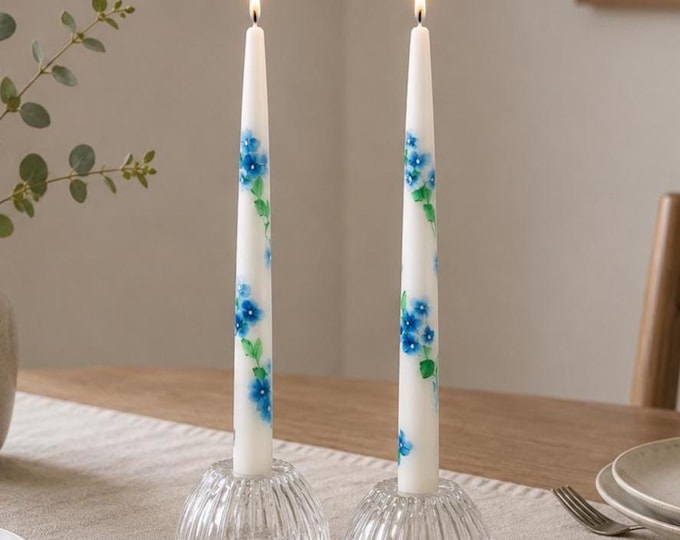 Hand Painted Floral Hydrangea Candles, Set of 2, Unscented Slow Burning, 12" Long