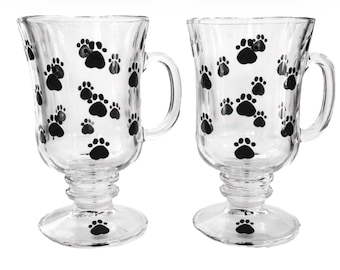 Hand Painted Paw Print Pedestal Coffee Mugs: Pet Lover Gift set of two
