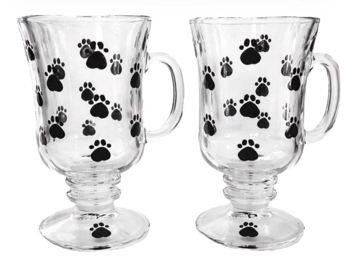 Hand Painted Paw Print Pedestal Coffee Mugs: Pet Lover Gift set of two