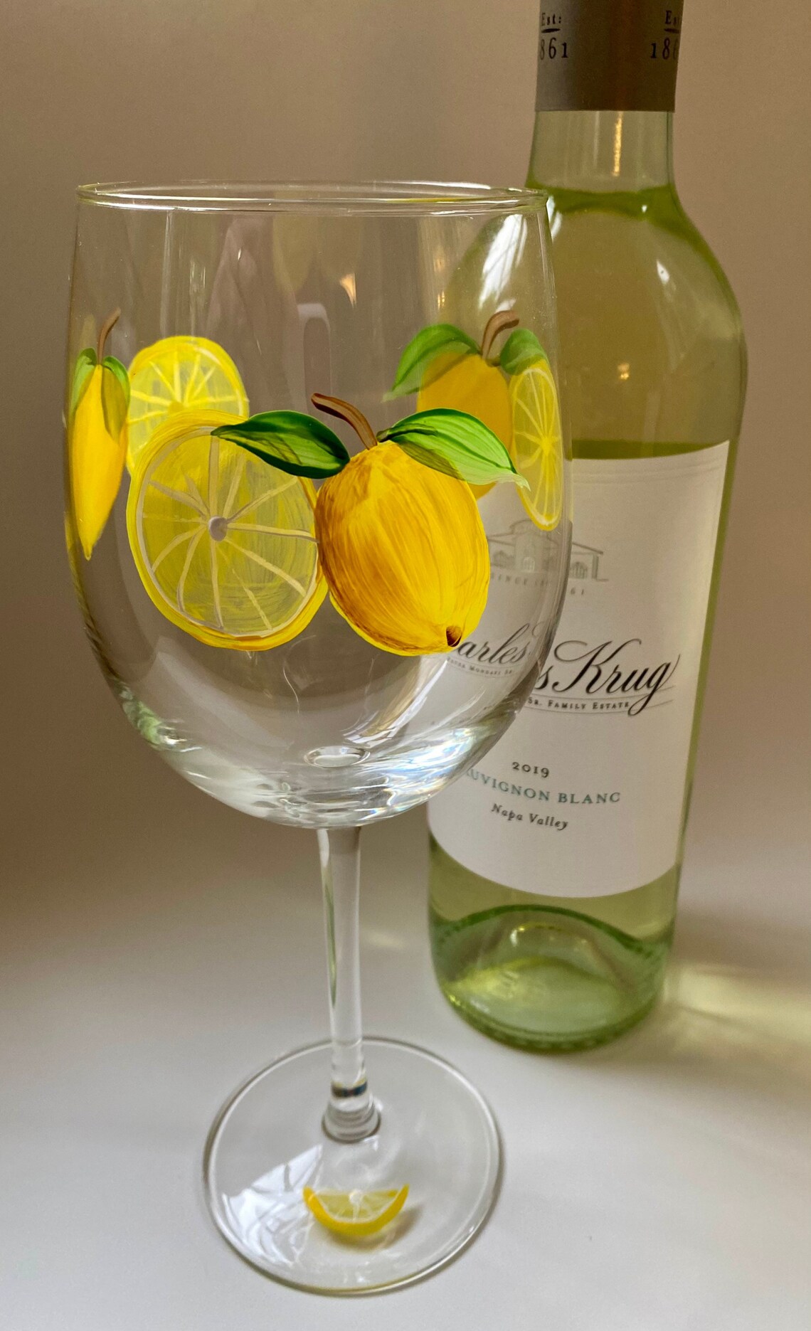 Lemon Hand Painted Wine Glass. Lead Free and Made in the USA. Etsy