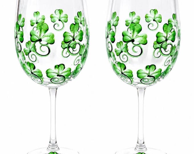 Hand Painted Shamrock Wine Glasses set of 2 Irish Stemware.