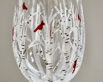 Wine glass with Cardinals. Birch trees. Hand painted.  Made in USA. Gift box included.