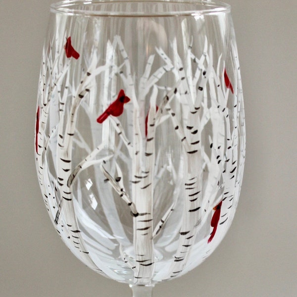 Memorial wine glass with cardinals on birch trees. Hand painted.  Made in USA. Gift box included.