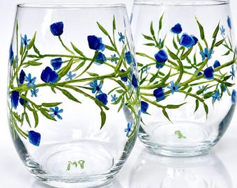 Hand painted blue wildflower stemless wine glasses set of 2, floral design botanical gift.