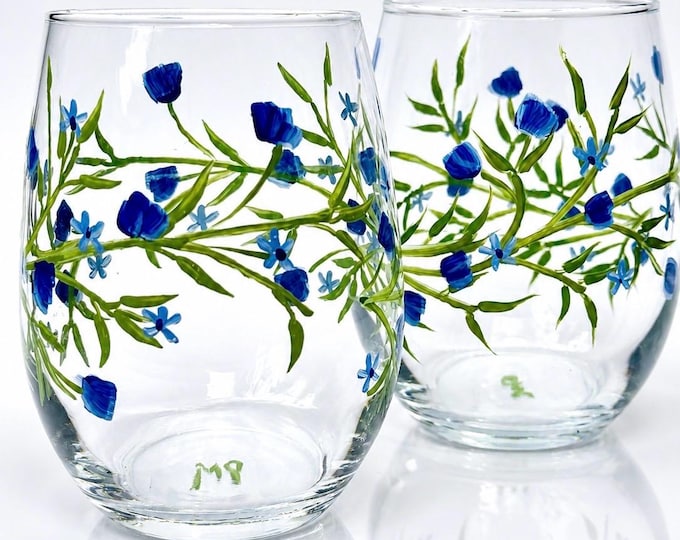 Hand painted blue wildflower stemless wine glasses set of 2, floral design botanical gift.