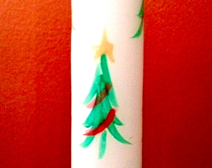 Christmas candles hand painted tapers, Christmas trees, cotton wicks, set of 2 tapers. Holiday decor. Slow burning.